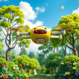 a cheerful enchanted forest with vibrant green trees and colorful flowers, a friendly drone robot hovering above, designed with a bright, friendly appearance and large expressive eyes, the forest filled with magical creatures like fairies, and butterflies fluttering around, a dreamy blue sky with fluffy white clouds