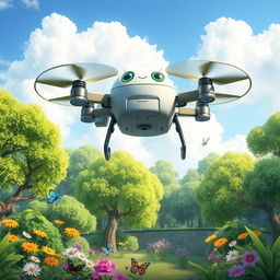 a cheerful enchanted forest with vibrant green trees and colorful flowers, a friendly drone robot hovering above, designed with a bright, friendly appearance and large expressive eyes, the forest filled with magical creatures like fairies, and butterflies fluttering around, a dreamy blue sky with fluffy white clouds