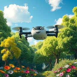 a cheerful enchanted forest with vibrant green trees and colorful flowers, a friendly drone robot hovering above, designed with a bright, friendly appearance and large expressive eyes, the forest filled with magical creatures like fairies, and butterflies fluttering around, a dreamy blue sky with fluffy white clouds