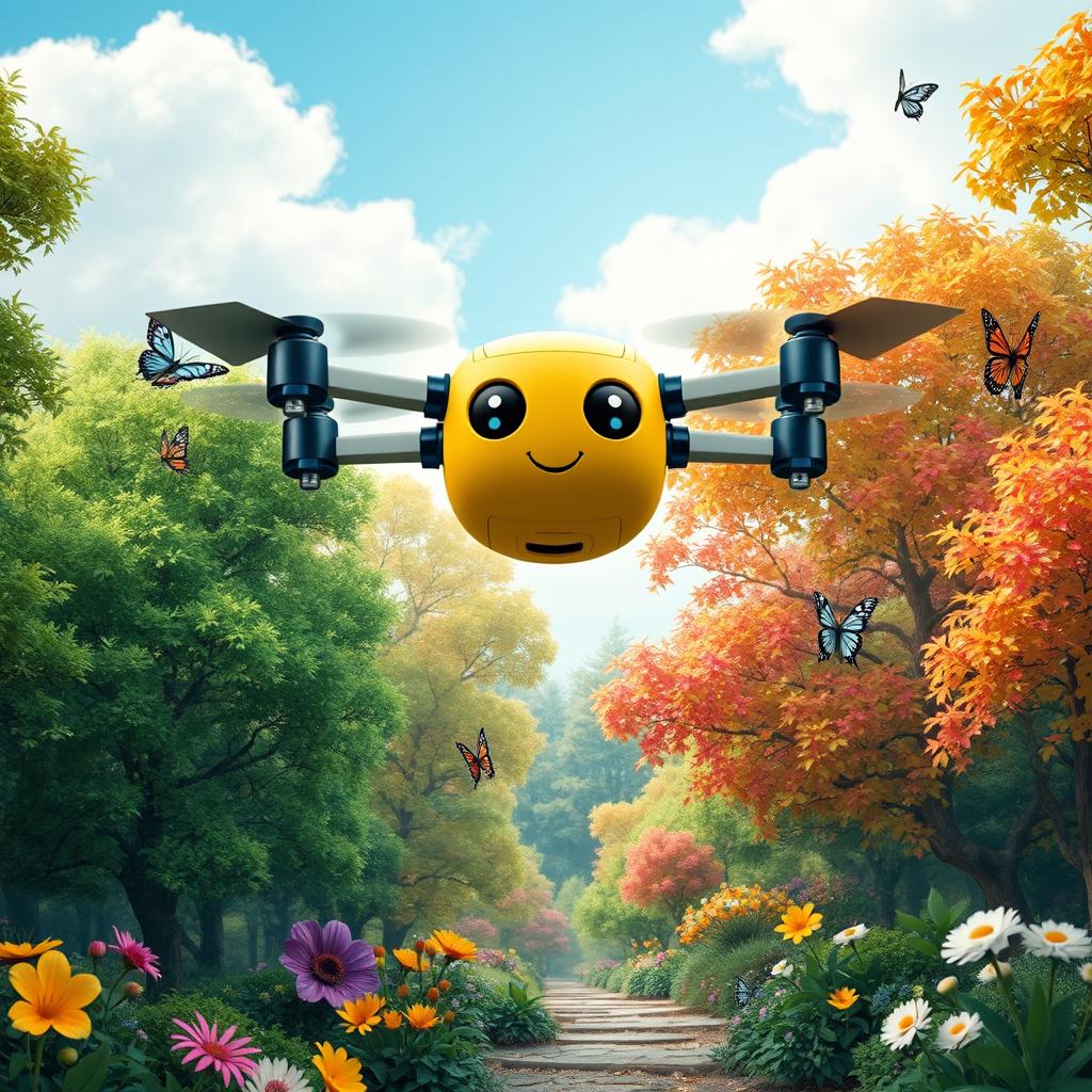 a cheerful enchanted forest with vibrant green trees and colorful flowers, a friendly drone robot hovering above, designed with a bright, friendly appearance and large expressive eyes, the forest filled with magical creatures like fairies, and butterflies fluttering around, a dreamy blue sky with fluffy white clouds