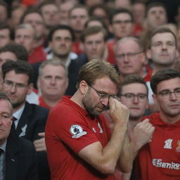 An extremely emotive scene showing deeply saddened Liverpool fans, tears streaming down their faces, following Klopp's announced departure.