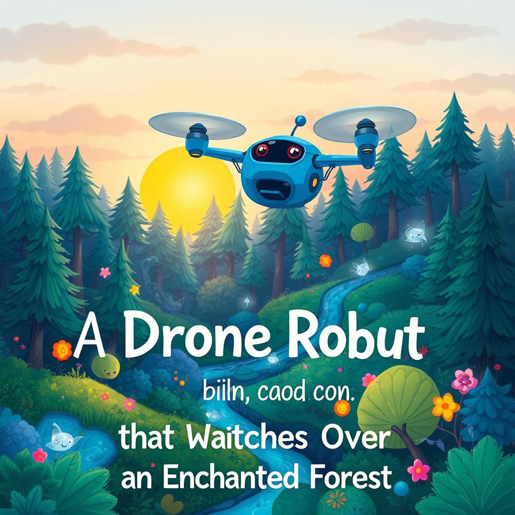 A whimsical children's book cover illustration depicting a blue drone robot gracefully hovering over an enchanted forest