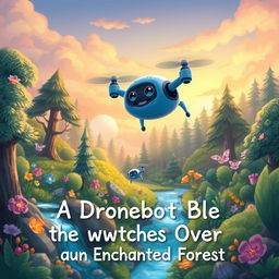 A whimsical children's book cover illustration depicting a blue drone robot gracefully hovering over an enchanted forest