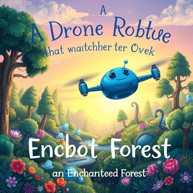 A whimsical children's book cover illustration depicting a blue drone robot gracefully hovering over an enchanted forest