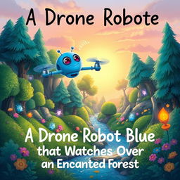 A whimsical children's book cover illustration depicting a blue drone robot gracefully hovering over an enchanted forest