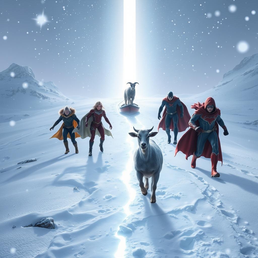 A group of courageous superheroes follow a bright, glowing path through a snowy landscape to save a goat stranded on a boat