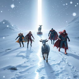 A group of courageous superheroes follow a bright, glowing path through a snowy landscape to save a goat stranded on a boat