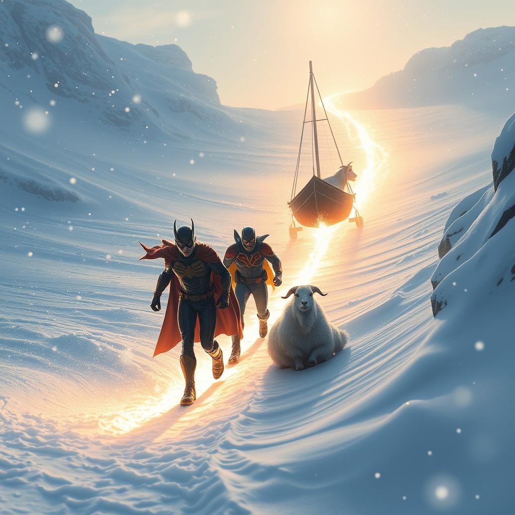 A group of courageous superheroes follow a bright, glowing path through a snowy landscape to save a goat stranded on a boat