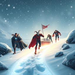 A group of courageous superheroes follow a bright, glowing path through a snowy landscape to save a goat stranded on a boat