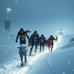 A group of courageous superheroes follow a bright, glowing path through a snowy landscape to save a goat stranded on a boat