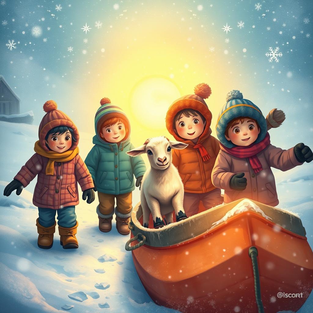 A group of adventurous children follow a magical glow through a snowy landscape to save a cute little goat stranded on its boat