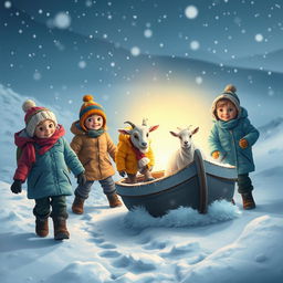 A group of adventurous children follow a magical glow through a snowy landscape to save a cute little goat stranded on its boat