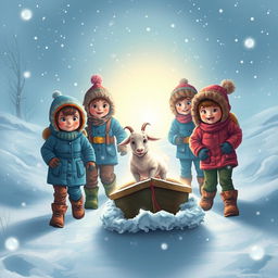 A group of adventurous children follow a magical glow through a snowy landscape to save a cute little goat stranded on its boat