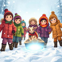 A group of adventurous children follow a magical glow through a snowy landscape to save a cute little goat stranded on its boat