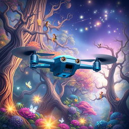 A captivating children's storybook cover featuring a blue drone robot with four propellers hovering gracefully