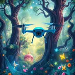 A captivating children's storybook cover featuring a blue drone robot with four propellers hovering gracefully