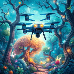 A captivating children's storybook cover featuring a blue drone robot with four propellers hovering gracefully