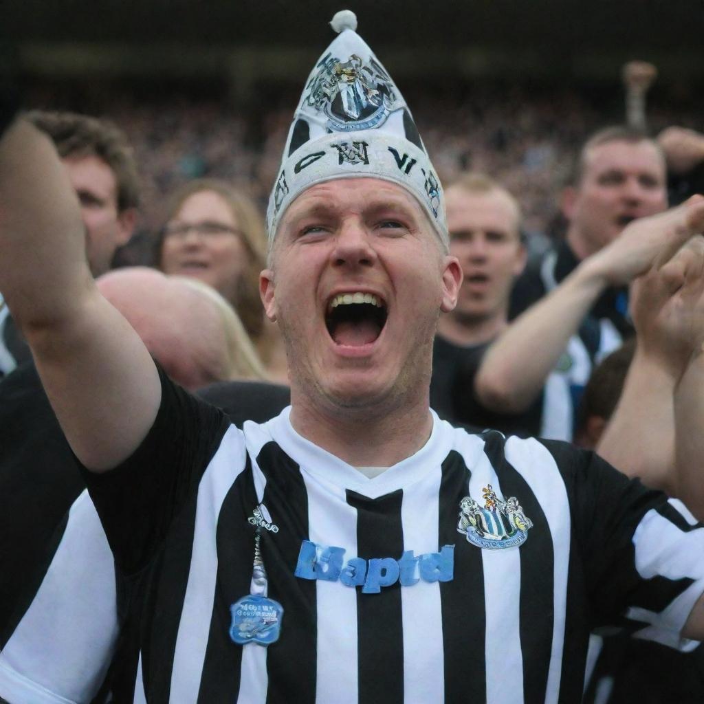 A Newcastle United fan displaying a high level of enthusiasm and excitement, decked out in team colors and accessories