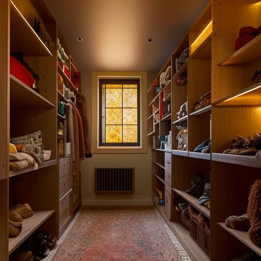 A half-slanted loft walk-in closet with stained glass windows, warm and cozy, with soft carpet, dim lighting, high-quality wooden closets and shelves filled with clothes and decor catering to a young woman who loves coffee and autumn vibes.