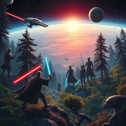 A stunning scene from the Star Wars universe, featuring iconic elements like a lightsaber duel between two Jedi in a lush forest, the Millennium Falcon soaring through space, and a distant planet with twin suns setting over the horizon