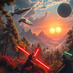 A stunning scene from the Star Wars universe, featuring iconic elements like a lightsaber duel between two Jedi in a lush forest, the Millennium Falcon soaring through space, and a distant planet with twin suns setting over the horizon