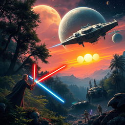 A stunning scene from the Star Wars universe, featuring iconic elements like a lightsaber duel between two Jedi in a lush forest, the Millennium Falcon soaring through space, and a distant planet with twin suns setting over the horizon