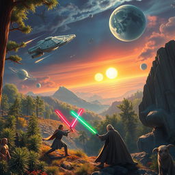 A stunning scene from the Star Wars universe, featuring iconic elements like a lightsaber duel between two Jedi in a lush forest, the Millennium Falcon soaring through space, and a distant planet with twin suns setting over the horizon