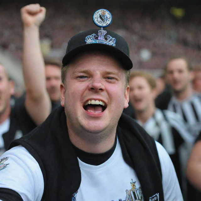 A Newcastle United fan displaying a high level of enthusiasm and excitement, decked out in team colors and accessories