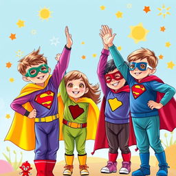 A group of cheerful superhero kids celebrate their victory with smiles and high-fives after saving the day