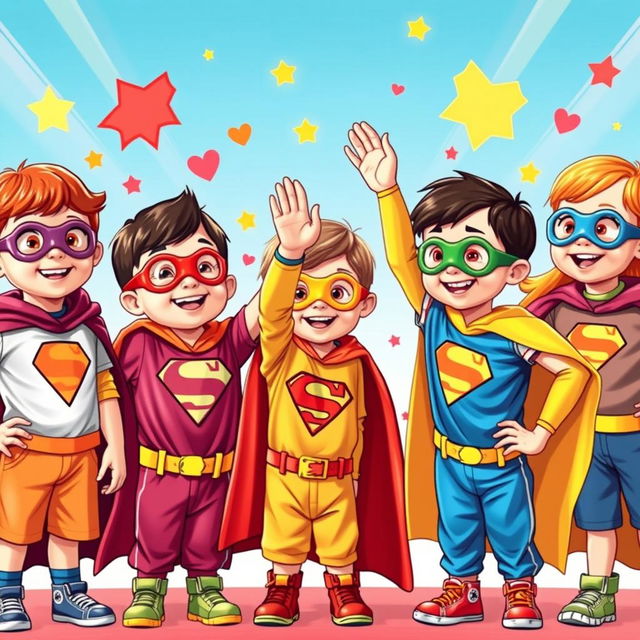 A group of cheerful superhero kids celebrate their victory with smiles and high-fives after saving the day