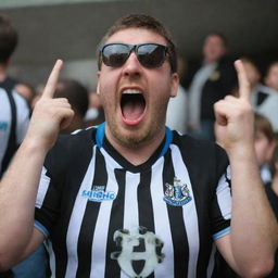 A Newcastle United fan displaying a high level of enthusiasm and excitement, decked out in team colors and accessories