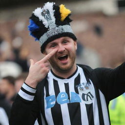 A Newcastle United fan displaying a high level of enthusiasm and excitement, decked out in team colors and accessories