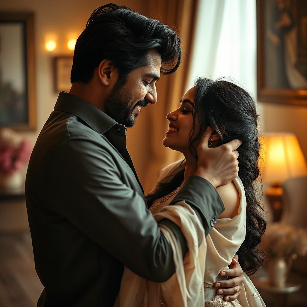 A passionate and artistic portrayal of romance featuring an attractive Indian couple