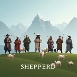 A minimalist cinema poster depicting seven shepherds, each distinct in character, style, and attire, tending to flocks of sheep and goats, with loyal dogs by their sides