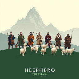 A minimalist cinema poster depicting seven shepherds, each distinct in character, style, and attire, tending to flocks of sheep and goats, with loyal dogs by their sides