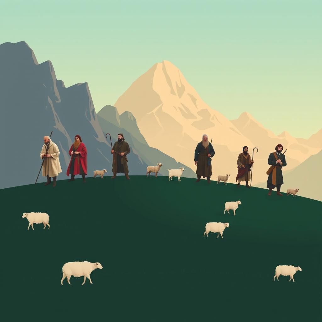 A minimalist cinema poster depicting seven shepherds, each distinct in character, style, and attire, tending to flocks of sheep and goats, with loyal dogs by their sides