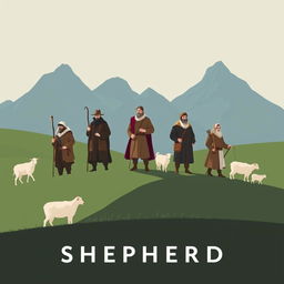 A minimalist cinema poster depicting seven shepherds, each distinct in character, style, and attire, tending to flocks of sheep and goats, with loyal dogs by their sides