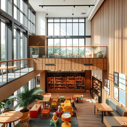 Interior design of a café that also functions as an exhibition hall and souvenir shop, located on the upper level of a mezzanine