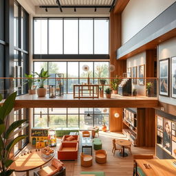 Interior design of a café that also functions as an exhibition hall and souvenir shop, located on the upper level of a mezzanine