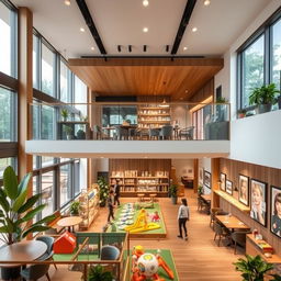 Interior design of a café that also functions as an exhibition hall and souvenir shop, located on the upper level of a mezzanine