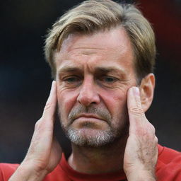 A profoundly distressed Liverpool fan, face streaked with tears, devastated by the announcement of Klopp's departure - the epitome of sadness.