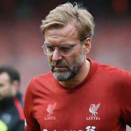 A profoundly distressed Liverpool fan, face streaked with tears, devastated by the announcement of Klopp's departure - the epitome of sadness.