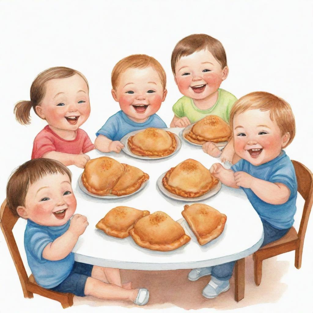 Illustration of five cheerful children with Down syndrome, seated around a table enjoying delicious empanadas together