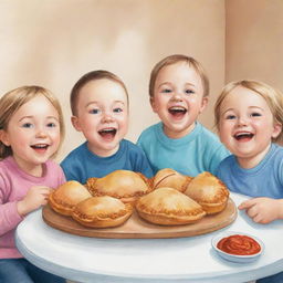 Illustration of five cheerful children with Down syndrome, seated around a table enjoying delicious empanadas together