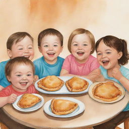 Illustration of five cheerful children with Down syndrome, seated around a table enjoying delicious empanadas together