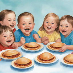 Illustration of five cheerful children with Down syndrome, seated around a table enjoying delicious empanadas together