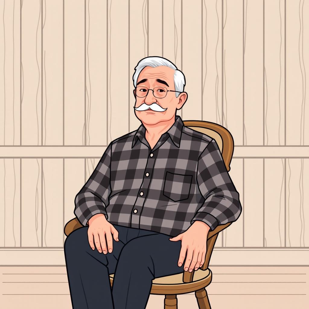 A vector illustration of an older man with a round face and mustache, wearing a checkered shirt