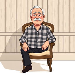 A vector illustration of an older man with a round face and mustache, wearing a checkered shirt