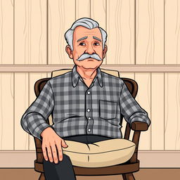 A vector illustration of an older man with a round face and mustache, wearing a checkered shirt