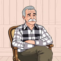 A vector illustration of an older man with a round face and mustache, wearing a checkered shirt